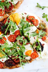 Garlicky Pesto Flatbread Pizza with Tomatoes & Arugula